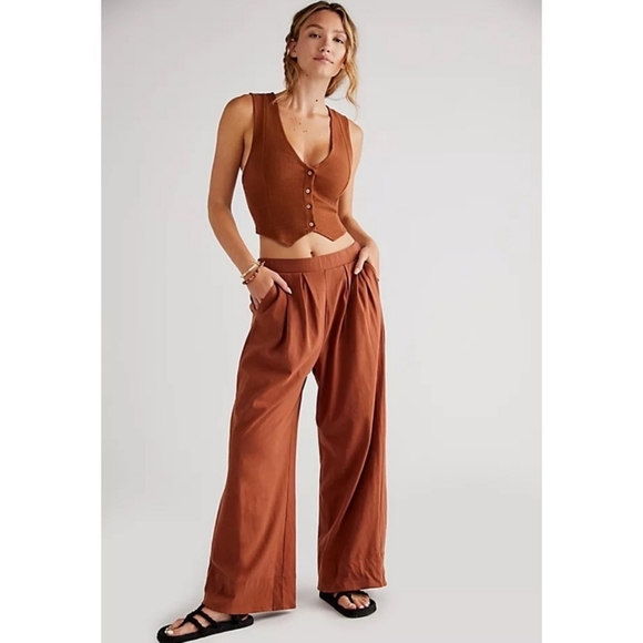 NWT Free People Roxanne Set Matching Crop Vest Top Wide Leg Pants Brown - Picture 7 of 8